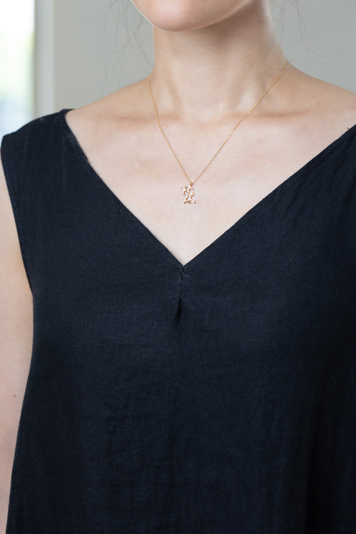 An Aquarius necklace that shines at the neckline of a black dress.
