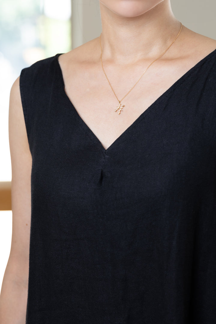 An Pisces necklace that shines at the neckline of a black dress.