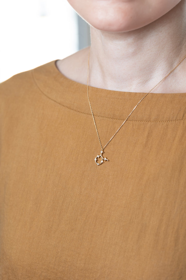 A gold Taurus necklace that matches brown clothes.