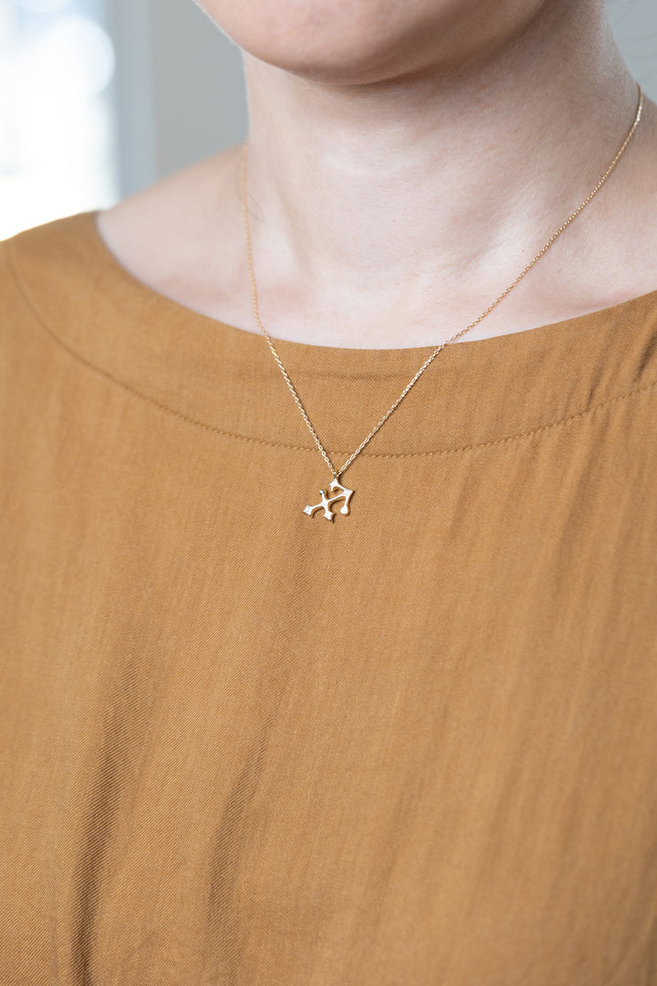 A gold Sagittarius necklace that matches brown clothes.