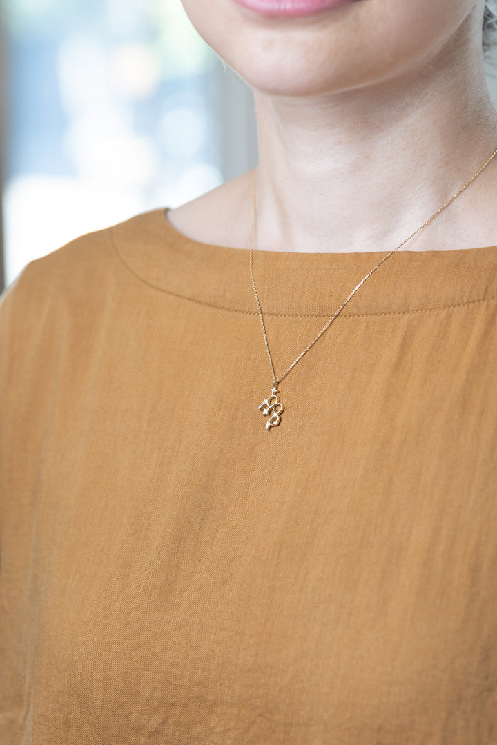 A gold Virgo necklace that matches brown clothes.