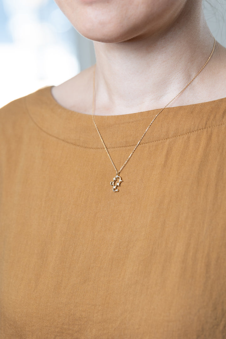 An Leo necklace that shines at the neckline of a black dress.