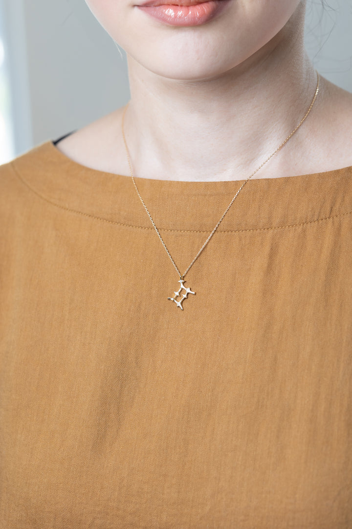A gold Gemini necklace that matches brown clothes.