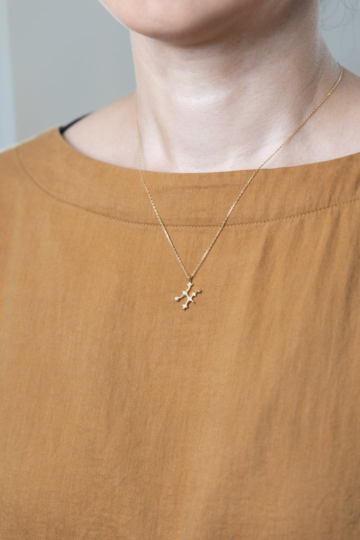 A gold Pisces necklace that matches brown clothes.